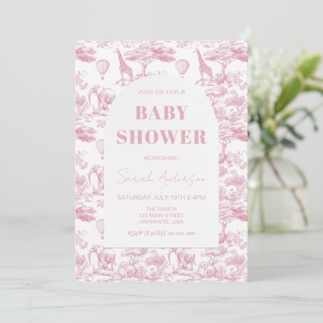 Pink Chinoiserie Toile de Jouy Baby Shower Invitation (Standing Front)