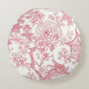 Pink Chinoiserie Toile Dragon Cherry Blossom Round Cushion