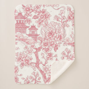 Pink Chinoiserie Toile Dragon Cherry Blossom Sherpa Blanket