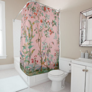 Pink Chinoiserie Toile Floral Shower Curtain