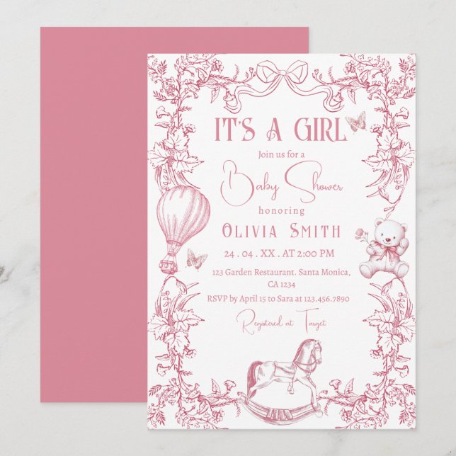 Pink Chinoiserie Toile Vintage Baby Shower Invitation (Front/Back)