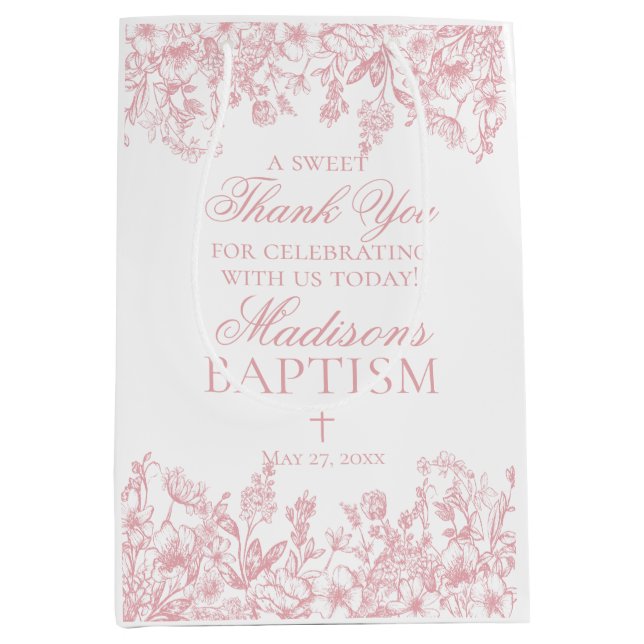 Pink Chinoiserie Vintage Floral Baptism Favours Medium Gift Bag (Front)