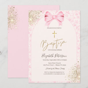 Pink Chinoiserie Vintage Floral Bow Gold Cross  Invitation