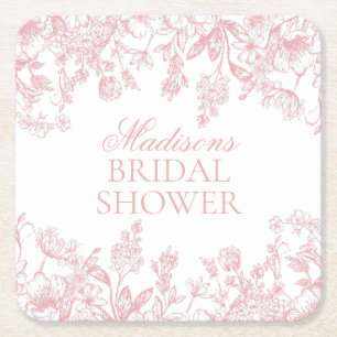 Pink Chinoiserie Vintage Floral Bridal Shower Square Paper Coaster