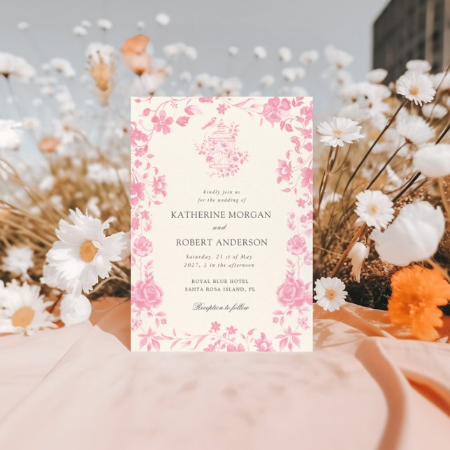 Pink Chinoiserie Vintage Floral Wedding Invitation (Creator Uploaded)