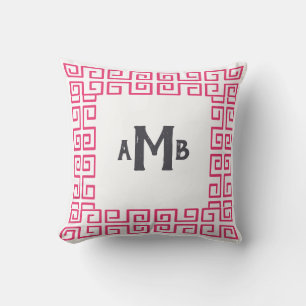 Pink Chinoiserie Wide Greek Key Border Monogram Cushion