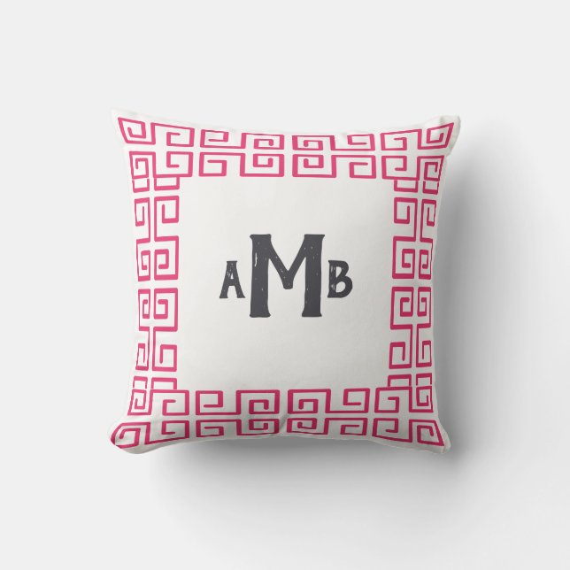 Pink Chinoiserie Wide Greek Key Border Monogram Cushion (Front)