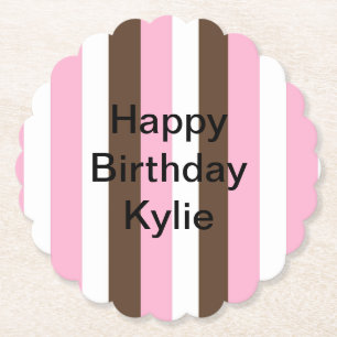 Pink, Chocolate and White Stripes Birthday Paper Coaster