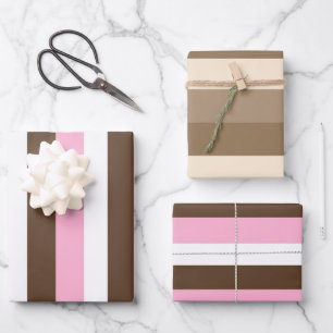 Pink, Chocolate and White Stripes Birthday Wrapping Paper Sheet