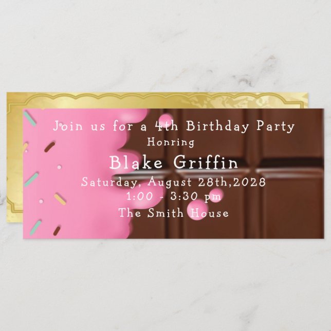 Pink Chocolate Bar Golden Ticket Birthday Invitation (Front/Back)