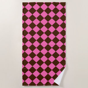 Pink Chocolate Brown Chequered Diamond Pattern Beach Towel