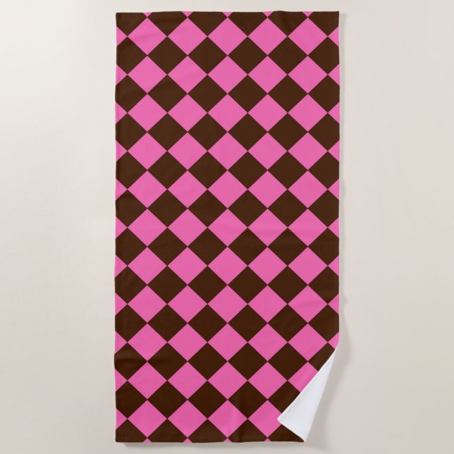 Pink Chocolate Brown Chequered Diamond Pattern Beach Towel (Front)