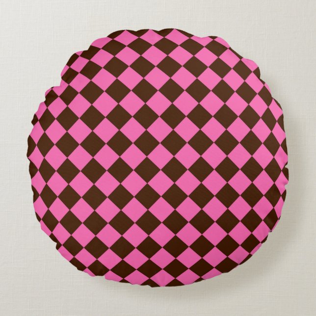 Pink Chocolate Brown Chequered Diamond Pattern Round Cushion (Front)