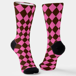 Pink Chocolate Brown Chequered Diamond Pattern Socks