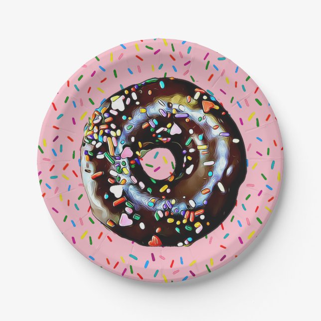 Pink Chocolate Doughnut with Sprinkles  Paper Plat Paper Plate (Front)