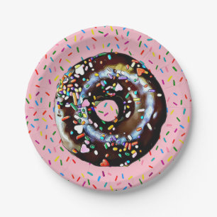 Pink Chocolate Doughnut with Sprinkles Paper Plat Plate