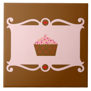 Pink & Chocolate Heart Cupcake Ceramic Tile