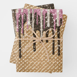 Pink Chocolate Ice Cream Cone Glitter Drips Wrapping Paper Sheet