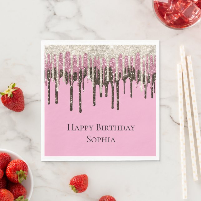Pink Chocolate Ice Cream Glitter Drips Birthday Napkin (Insitu)