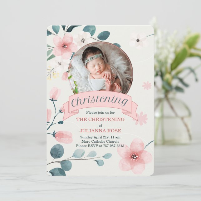 Pink Christening for Baby Girl Peach Blossoms Invitation (Standing Front)
