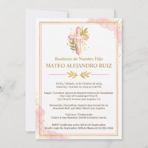 Pink Christening Invitation Watercolor Cross
