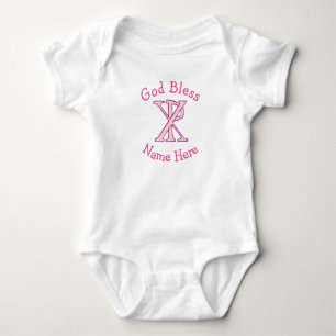 Pink Christian Chi Ro Cross Name and God Bless Baby Bodysuit