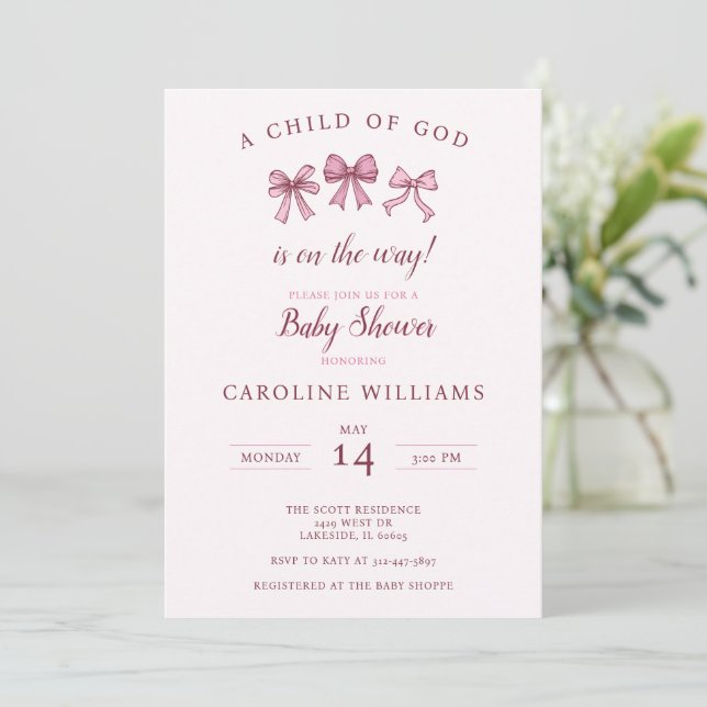  Pink Christian Coquette Baby Girl Child of God Invitation (Standing Front)