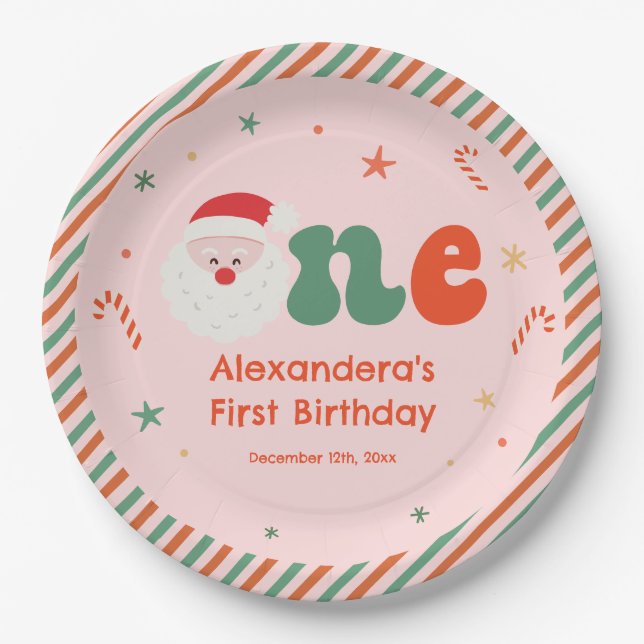 Pink Christmas 1st Birthday Paper Plate (Front)