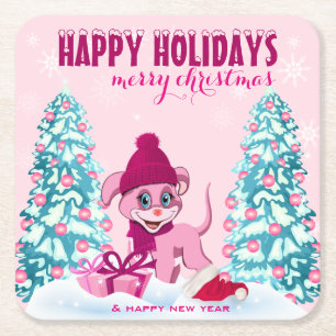 Pink Christmas Adorable Puppy Cartoon Square Paper Coaster
