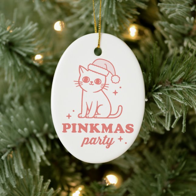 Pink Christmas aesthetic pinkmas party girly cat Ceramic Ornament (Tree)