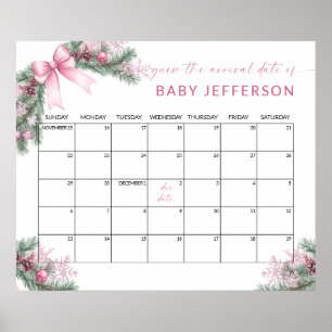 Pink Christmas Baby Shower Guess Due Date Calendar Poster