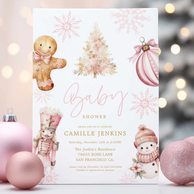 Pink Christmas Baby Shower Invitation for Girl (Pink Christmas Baby Shower Invitation)