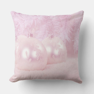Pink Christmas Balls on Snow & Pink Background Cushion