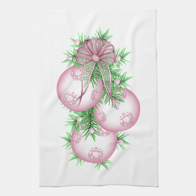 Pink Christmas Baubles Kitchen Towels (Vertical)