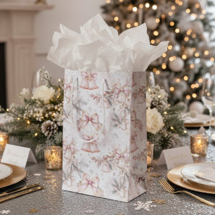 Pink Christmas Bells Pink Bows Gold Snowflakes Medium Gift Bag