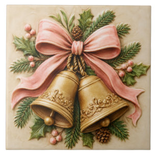 Pink Christmas Bells with Coquette Bow Ceramic Tile
