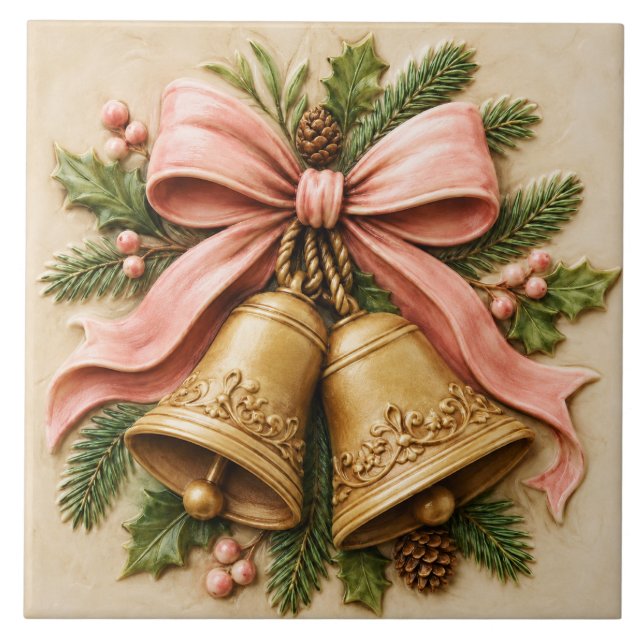 Pink Christmas Bells with Coquette Bow Ceramic Tile (Front)