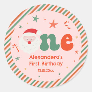 Pink Christmas Birthday Party 1st Favour Classic Round Sticker