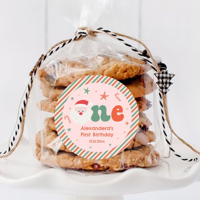 Pink Christmas Birthday Party 1st Favour Classic Round Sticker (Creator Uploaded)