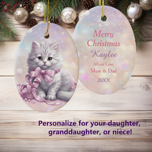 Pink Christmas Bow White Kitten Kids Ceramic Ornament