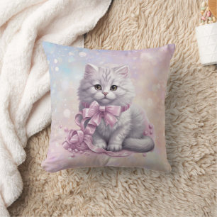 Pink Christmas Bow White Kitten Kids Cushion