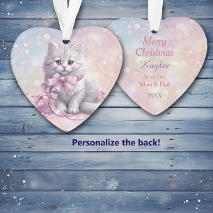 Pink Christmas Bow White Kitten Kids Ornament