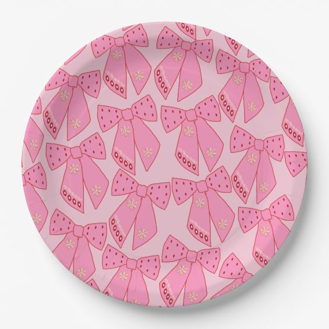 Pink Christmas Bows Paper Plate (Front)