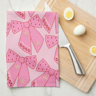 Pink Christmas Bows Tea Towel