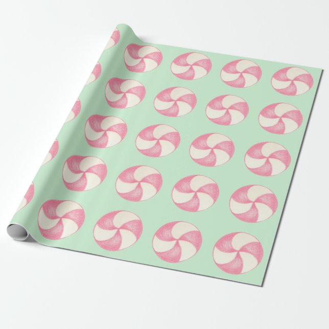 Pink Christmas Candy Peppermint Wrapping Paper (Unrolled)