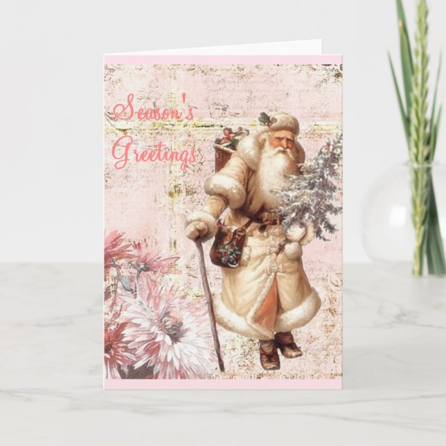pink Christmas card and Santa (Front)