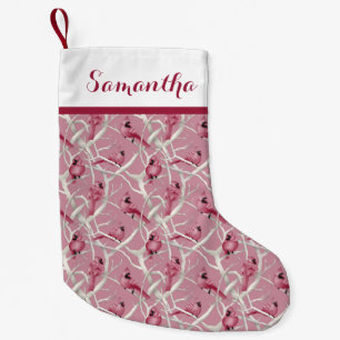 Pink Christmas Cardinal Birds Personalised Name Small Christmas Stocking