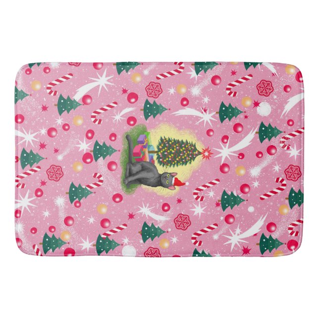 Pink Christmas Cat Bath Mat (Front)
