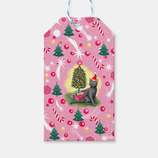 Pink Christmas Cat Gift Tags (Front)