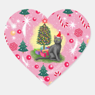 Pink Christmas Cat Heart Sticker